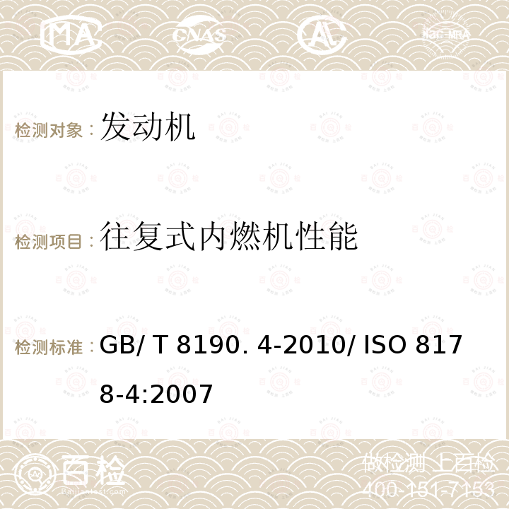 往复式内
燃机性能 GB/T 8190.4-2010 往复式内燃机 排放测量 第4部分:不同用途发动机的稳态试验循环