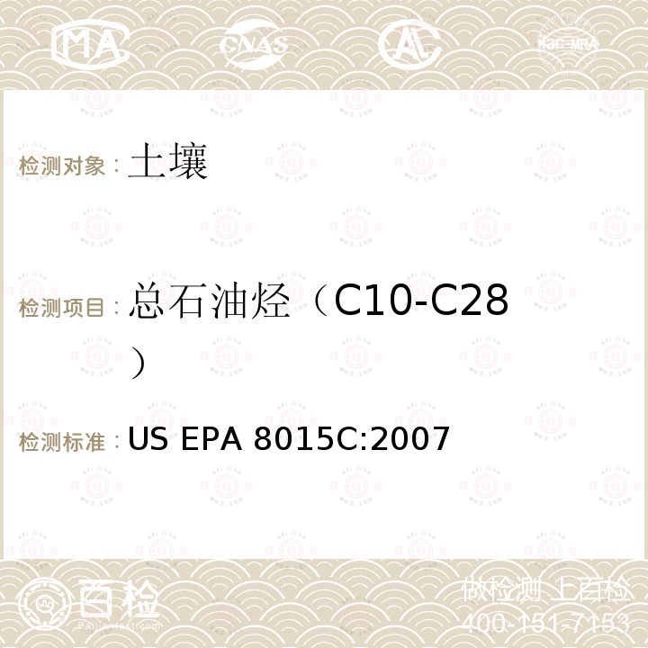 总石油烃（C10-C28） US EPA 3540C SOXHLET EXTRACTION :1996   NONHALOGENATED ORGANICS BY GAS CHROMATOGRAPHY US EPA 8015C:2007 前处理方法：索氏萃取法 :1996 分析方法：气相色谱法测定非卤代有机物 US EPA 8015C:2007