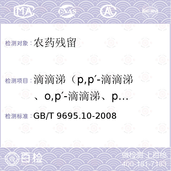 滴滴涕（p,p′-滴滴涕、o,p′-滴滴涕、p,p′-滴滴伊、p,p′-滴滴滴） GB/T 9695.10-2008 肉与肉制品 六六六、滴滴涕残留量测定