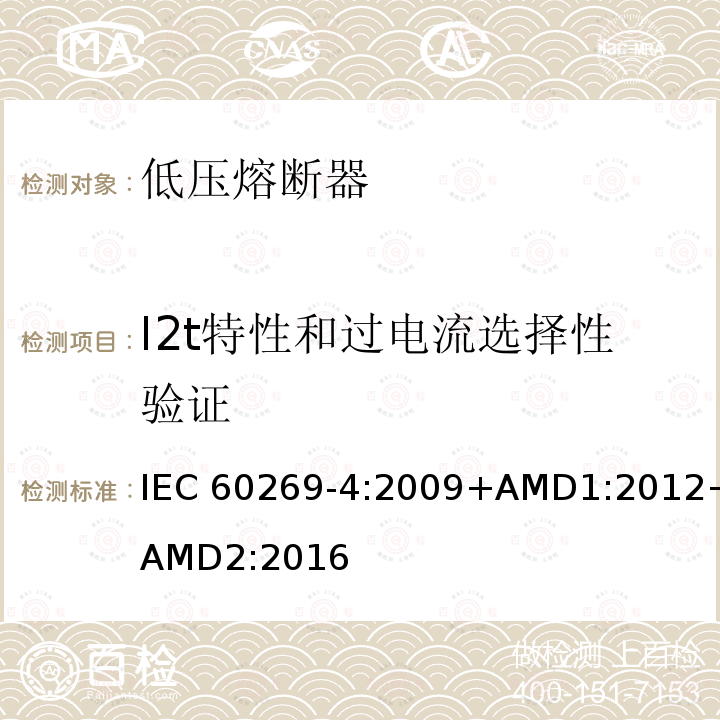 I2t特性和过电流选择性验证 低压熔断器 第4部分：半导体设备保护用熔断体的补充要求                   IEC 60269-4:2009+AMD1:2012+AMD2:2016