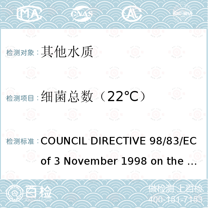 细菌总数（22℃） 98/83/EC COUNCIL DIRECTIVE  of 3 November 1998 on the quality of water intended for human consumption欧盟理事会指令（）拟用于人类消费的水的质量（1998年11月3日）