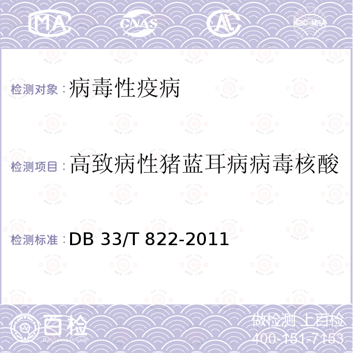 高致病性猪蓝耳病病毒核酸 DB33/T 822-2011(2014) 高致病性猪蓝耳病RT-PCR检测技术