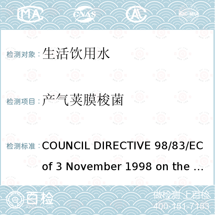 产气荚膜梭菌 98/83/EC COUNCIL DIRECTIVE  of 3 November 1998 on the quality of water intended for human consumption欧盟理事会指令（）拟用于人类消费的水的质量（1998年11月3日）