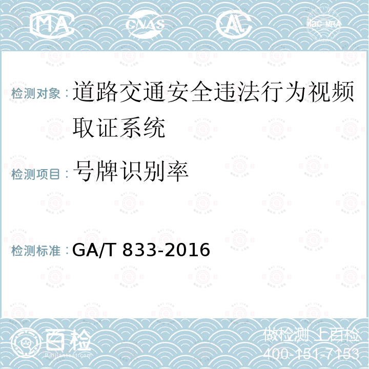号牌识别率 GA/T 833-2016 机动车号牌图像自动识别技术规范
