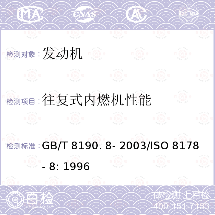 往复式内
燃机性能 GB/T 8190.8-2003 往复式内燃机 排放测量 第8部分:发动机系组的确定