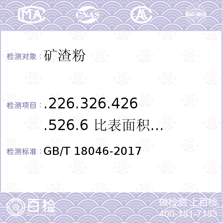 .226.326.426.526.6 比表面积密度烧失量含水量流动度比活性指数 GB/T 18046-2017 用于水泥、砂浆和混凝土中的粒化高炉矿渣粉