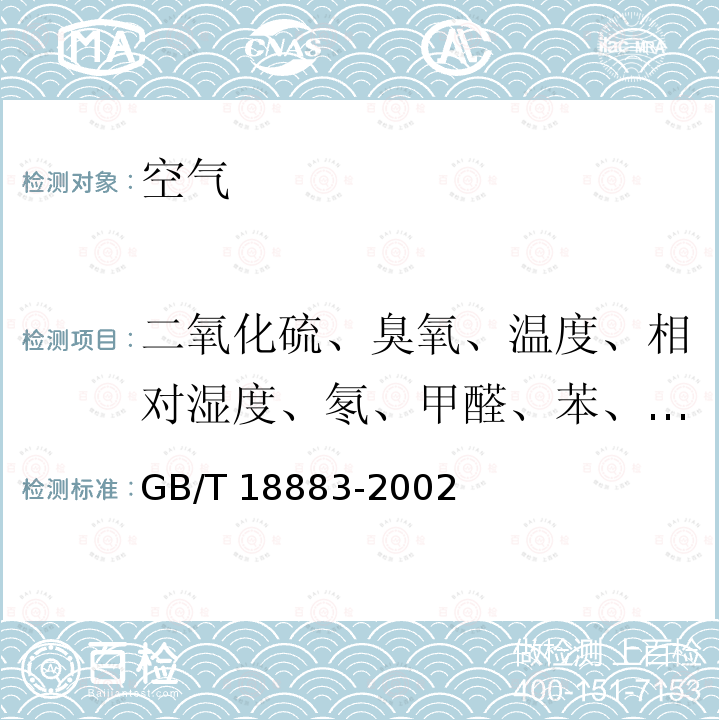二氧化硫、臭氧、温度、相对湿度、氡、甲醛、苯、TVOC、氨 GB/T 18883-2002 室内空气质量标准(附英文版本)(附第1号修改单)