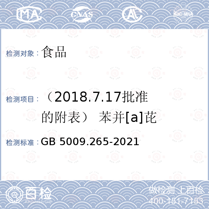 （2018.7.17批准的附表） 苯并[a]芘 GB 5009.265-2021 食品安全国家标准 食品中多环芳烃的测定