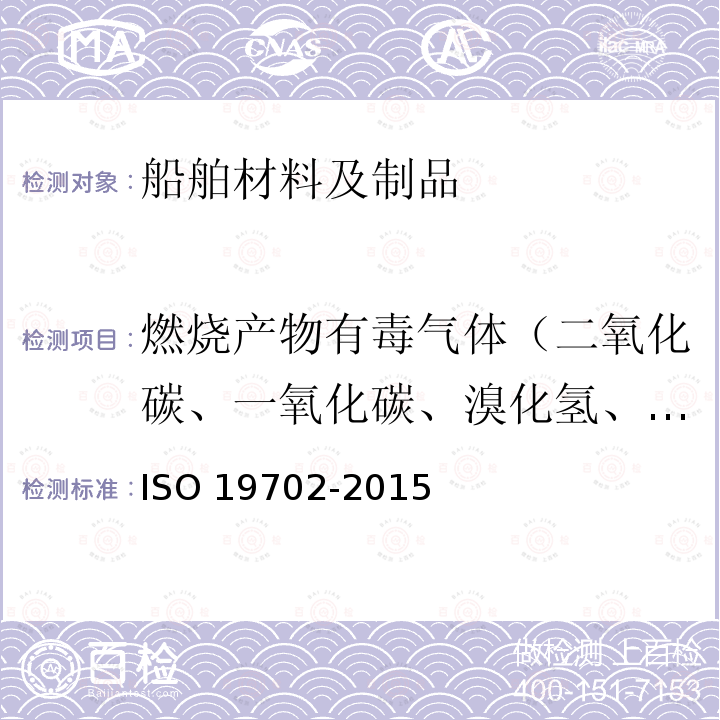 燃烧产物有毒气体（二氧化碳、一氧化碳、溴化氢、氯化氢、氰化氢、氟化氢、二氧化硫、氮氧化合物） 19702-2015 用傅立叶变换红外(FTIR)光谱对燃烧产物中有毒气体和蒸汽的取样和分析指南 ISO 