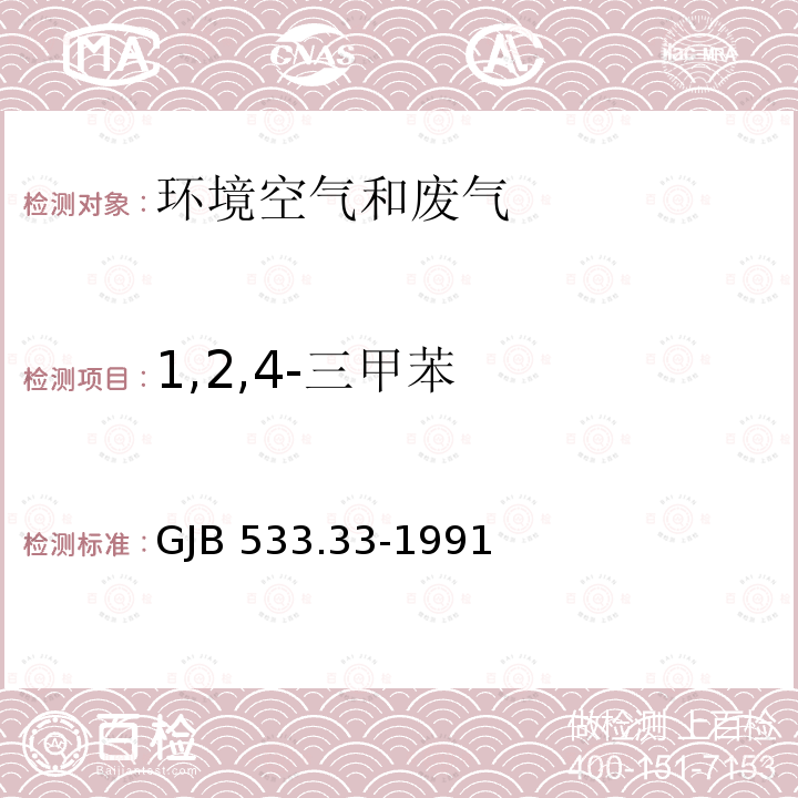 1,2,4-三甲苯 GJB 533.33-1991 潜艇舱室空气组分检测方法 异丙苯、正丙苯、特丁苯、正丁苯、1,3,5-三甲苯（含另丁苯）、含量的测定 气相色谱法 