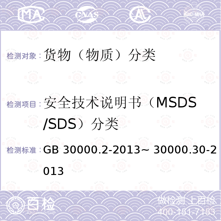 安全技术说明书（MSDS/SDS）分类 化学品分类和标签规范 GB 30000.2-2013~ 30000.30-2013