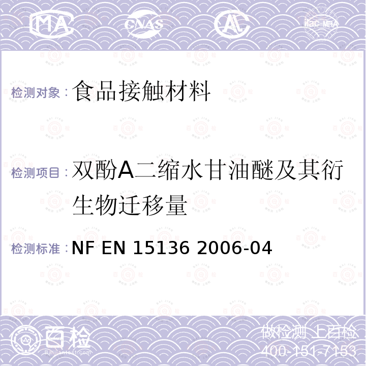 双酚A二缩水甘油醚及其衍生物迁移量 EN 15136 食品接触材料-固化环氧树脂衍生物质的限定 食品接触材料中双酚A二缩水甘油醚、双酚F二缩水甘油醚、酚醛清漆甘油醚及其衍生物在食品模拟液中的迁移量测试 NF  2006-04