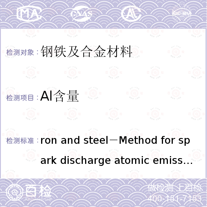 Al含量 JIS G 1253 Iron and steel－Method for spark discharge atomic emission spectrometric analysis       -2002