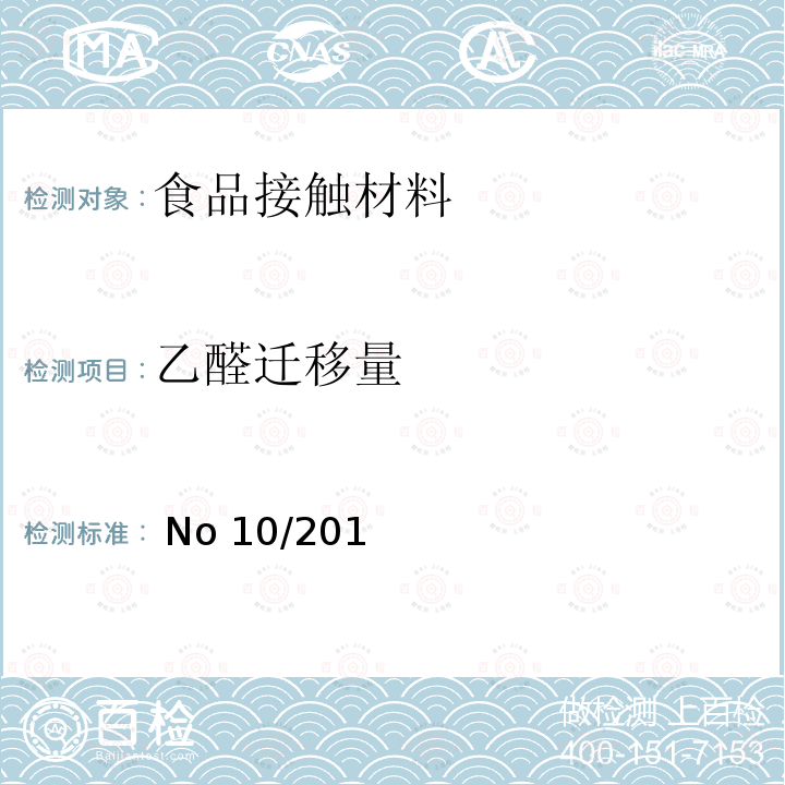 乙醛迁移量 EU NO 10/2011 2011年1月14日预期与食品接触的塑料材料和制品的欧洲委员会法规(EU) No 10/2011