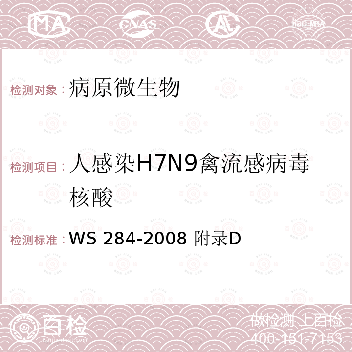 人感染H7N9禽流感病毒核酸 WS 284-2008 人感染高致病性禽流感诊断标准