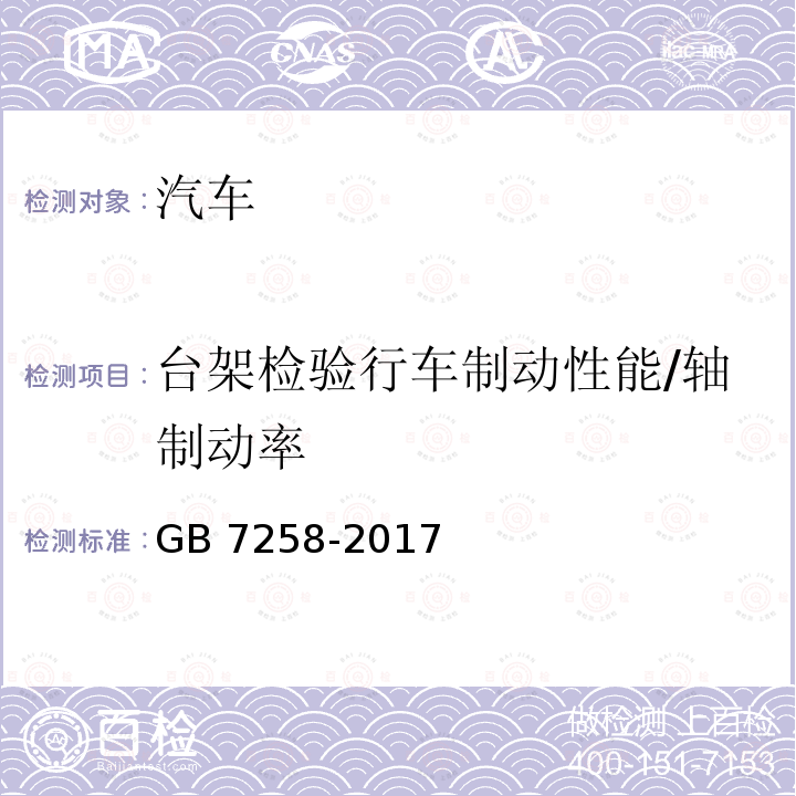 台架检验行车制动性能/轴制动率 GB 7258-2017 机动车运行安全技术条件(附2019年第1号修改单和2021年第2号修改单)