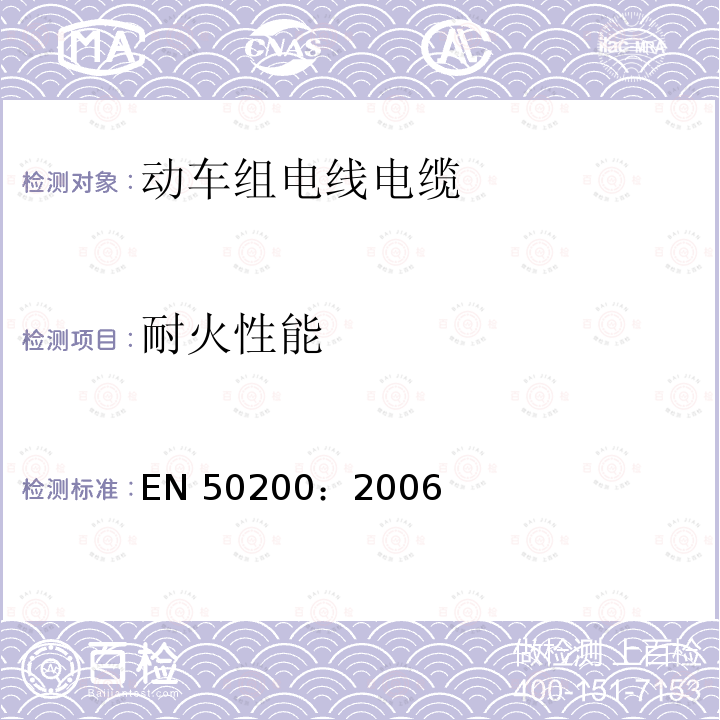 耐火性能 EN 50200:2006 紧急线路用非保护型小电缆的耐火性试验方法   EN 50200：2006