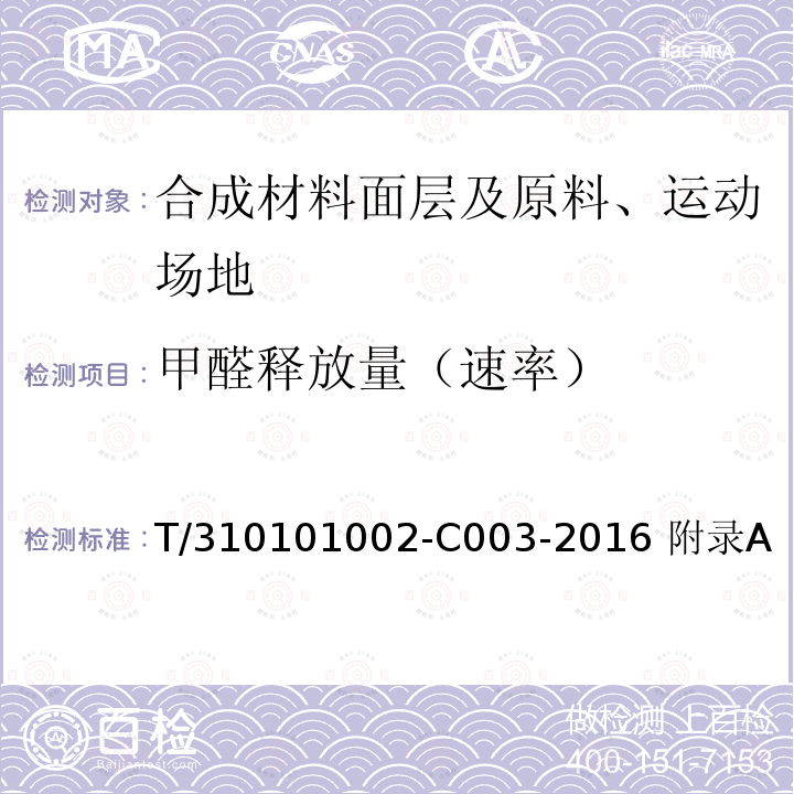 甲醛释放量（速率） T/310101002-C003-2016 附录A 上海市团体标准 学校运动场地塑胶面层有害物质限量 