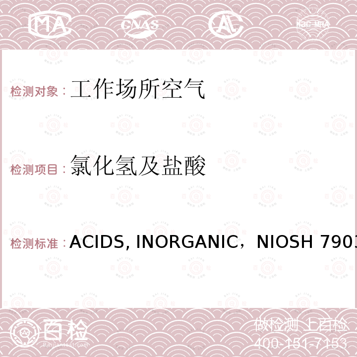 氯化氢及盐酸 ACIDS, INORGANIC，NIOSH 7903(无机酸，美国国家职业安全卫生研究所 7903-1994 ）