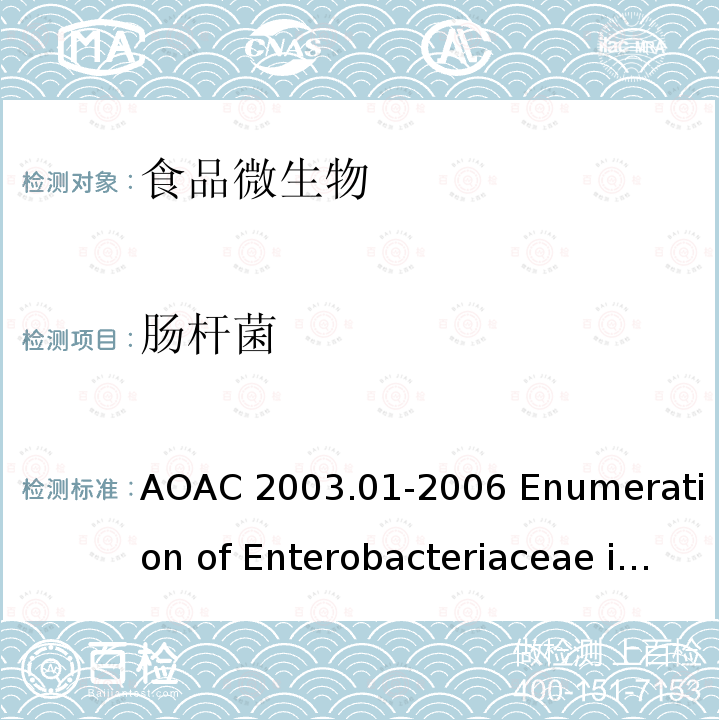 肠杆菌 AOAC 2003.01-2006 选定食品中的科的计数--PetrifilmTM科测试片法  Enumeration of Enterobacteriaceae in Selected Foods PetrifilmmEnterobacteriaceae Count Plate Method 