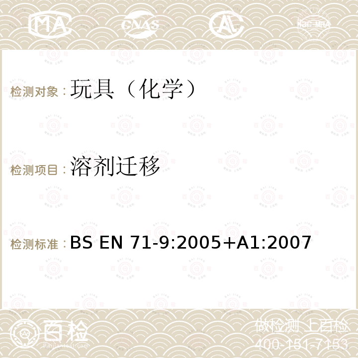 溶剂迁移 BS EN71-9:2005 有机化合物的要求            +A1:2007