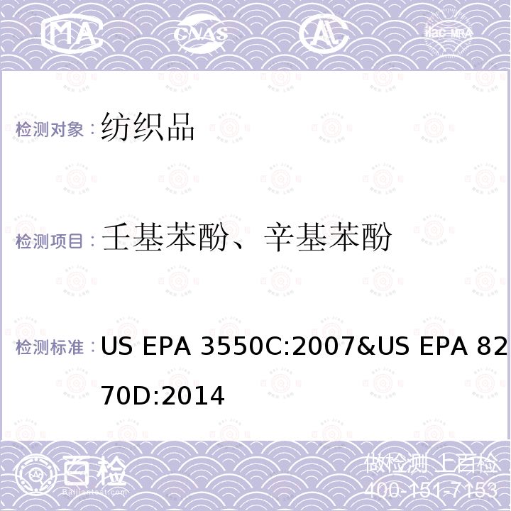 壬基苯酚、辛基苯酚 US EPA 3550C 超声萃取气质联用测定半挥发性有机物 :2007&US EPA 8270D:2014