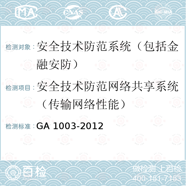 安全技术防范网络共享系统（传输网络性能） GA 1003-2012 银行自助服务亭技术要求