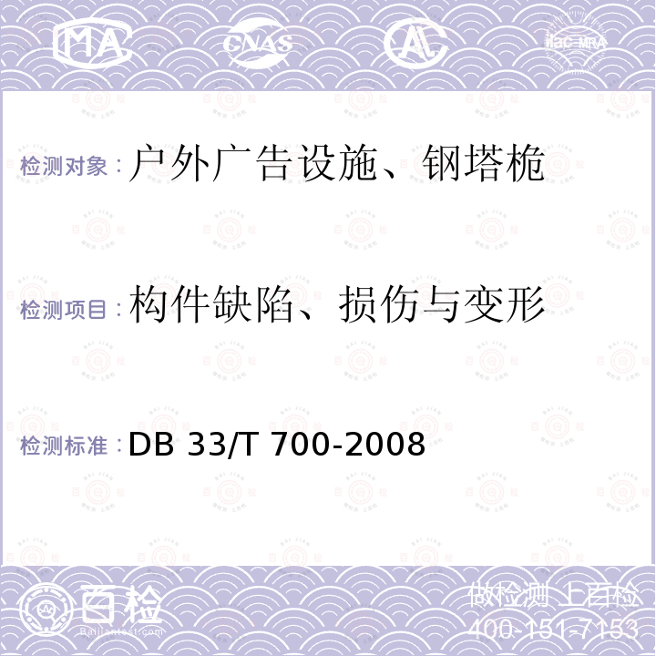 构件缺陷、损伤与变形 户外广告设施技术规范 DB33/T 700-2008（2015年版）