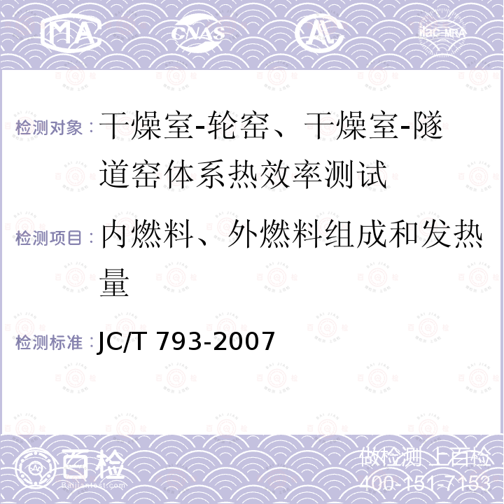 内燃料、外燃料组成和发热量 JC/T 793-2007 隧道式干燥室-轮窑体系热效率、单位热耗、单位煤耗计算方法