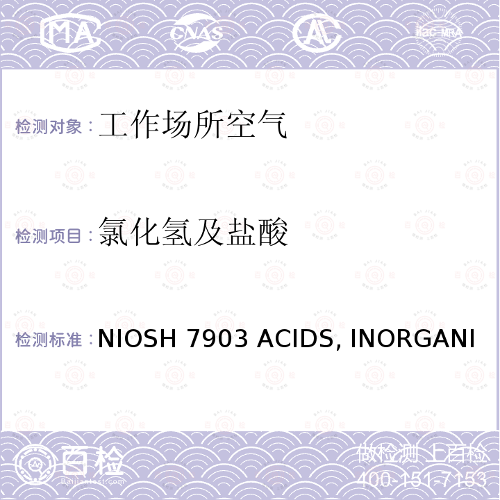 氯化氢及盐酸 NIOSH 7903 ACIDS, INORGANI (美国国家职业安全卫生研究所 7903 无机酸）C