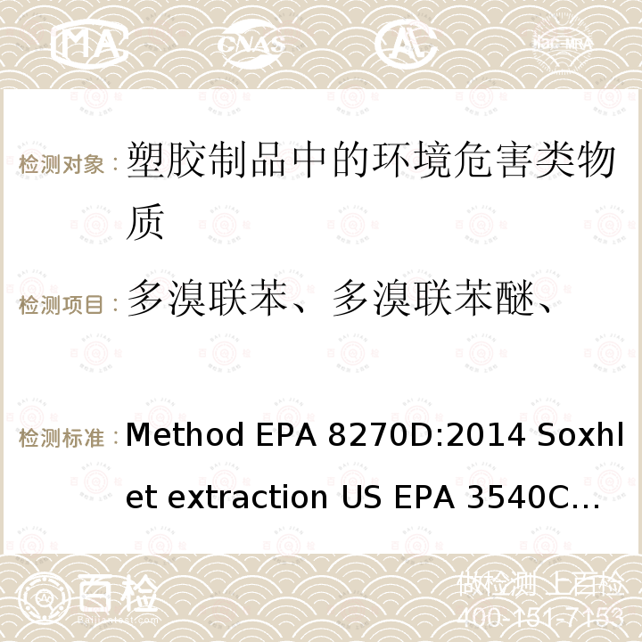 多溴联苯、
多溴联苯醚、 索氏提取法 Method EPA 3540C:1996 半挥发性有机化合物气相色谱/质谱法Method EPA8270D:2014 Soxhlet extraction US EPA 3540C:1996 Semi Volatile Organic Compounds Analysis Gas Chromatography / Mass Spectrometry US EPA 8270D:2014