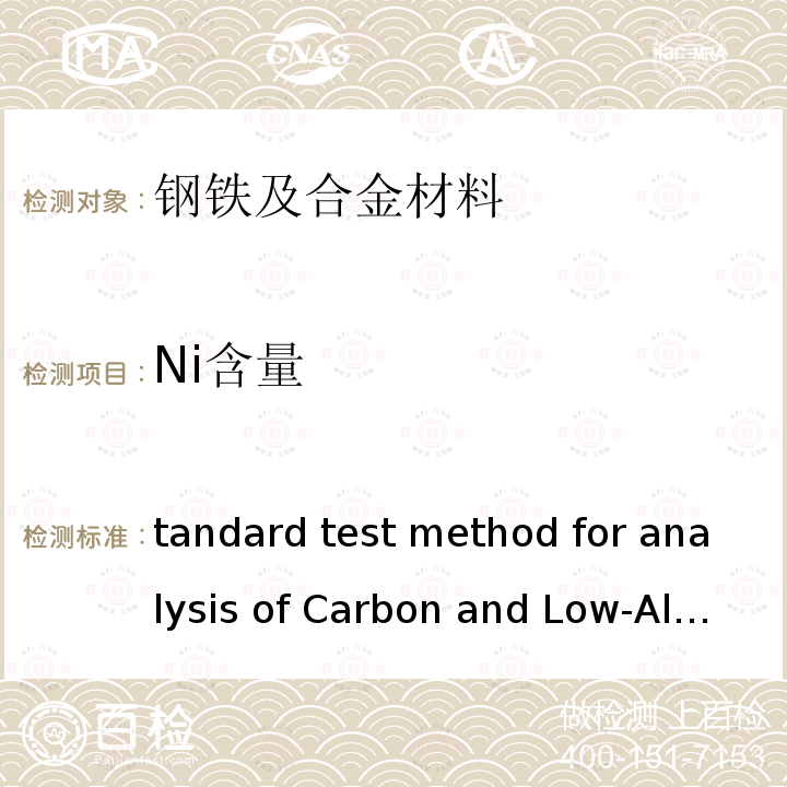Ni含量 ASTM E415-2017 Standard test method for analysis of Carbon and Low-AlloySteel  by spark atomic emission spectrometry       