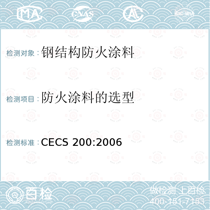 防火涂料的选型 CECS 200:2006 《建筑钢结构防火技术规范》 第3.0.1、3.0.7、4.3.1、9.1.3 条