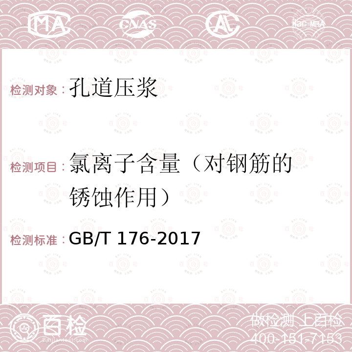 氯离子含量
（对钢筋的
锈蚀作用） GB/T 176-2017 水泥化学分析方法