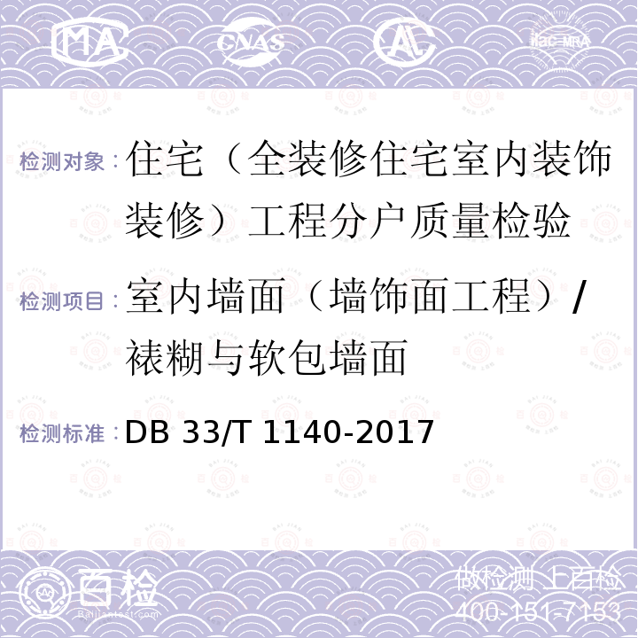 室内墙面（墙饰面工程）/裱糊与软包墙面 DB33/T 1140-2017 住宅工程分户质量检验技术规程