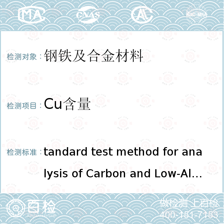 Cu含量 ASTM E415-2017 Standard test method for analysis of Carbon and Low-AlloySteel  by spark atomic emission spectrometry        