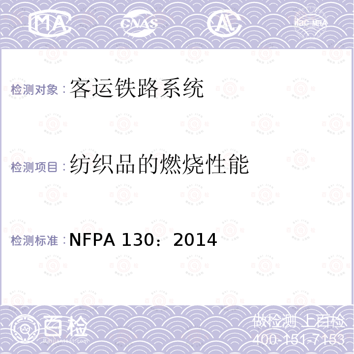 纺织品的燃烧性能 NFPA 130：2014 固定导轨客运铁路系统测试  