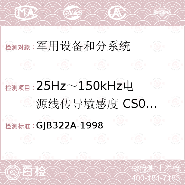 25Hz～150kHz电源线传导敏感度 CS01/CS101 25Hz～150kHz电源线传导敏感度 CS01/CS101 GJB322A-1998