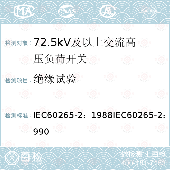 绝缘试验 绝缘试验 IEC60265-2：1988IEC60265-2：1990