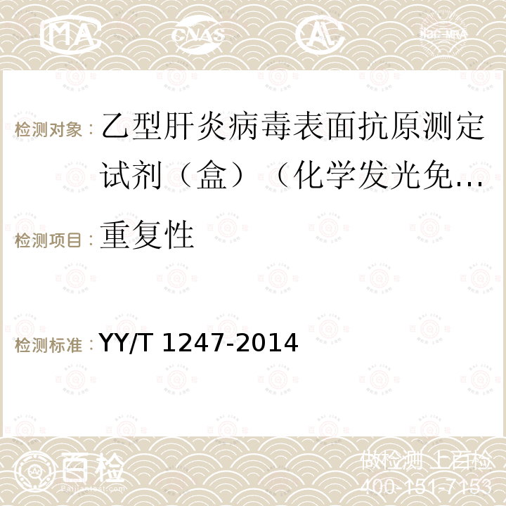 重复性 YY/T 1247-2014 乙型肝炎病毒表面抗原测定试剂(盒)(化学发光免疫分析法)