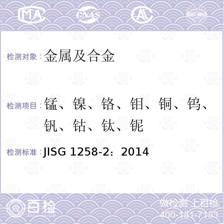 锰、镍、铬、钼、铜、钨、钒、钴、钛、铌 JIS G1258-2-2014 钢铁 ICP原子发射光谱测定法 第2部分:各种元素的测定 磷硫酸中溶解