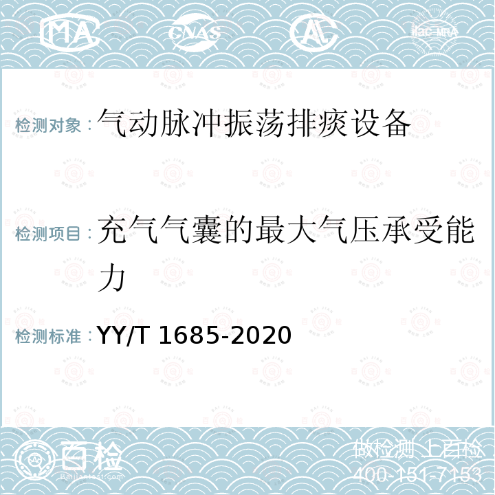 充气气囊的最大气压承受能力 YY/T 1685-2020 气动脉冲振荡排痰设备