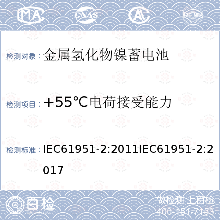 +55℃电荷接受能力 +55℃电荷接受能力 IEC61951-2:2011IEC61951-2:2017