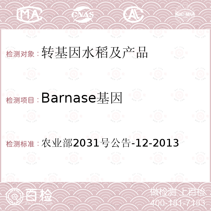 Barnase基因 ASE基因 农业部2031  农业部2031号公告-12-2013