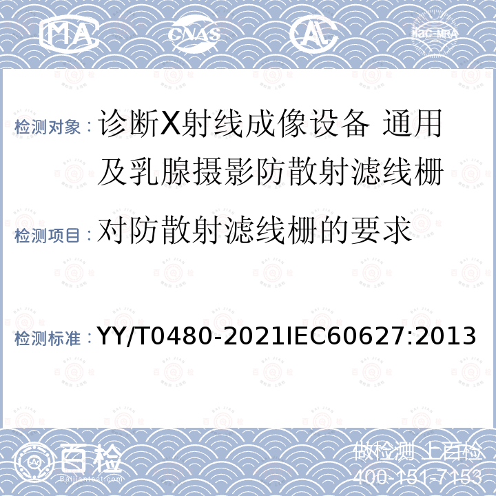 对防散射滤线栅的要求 YY/T 0480-2021 诊断X射线成像设备 通用及乳腺摄影防散射滤线栅的特性