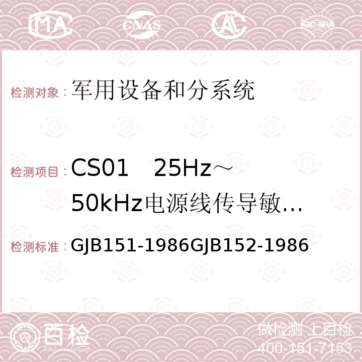 CS01   25Hz～50kHz电源线传导敏感度 CS01   25Hz～50kHz电源线传导敏感度 GJB151-1986GJB152-1986