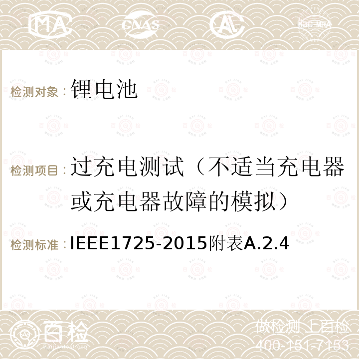 过充电测试（不适当充电器或充电器故障的模拟） 过充电测试（不适当充电器或充电器故障的模拟） IEEE1725-2015附表A.2.4