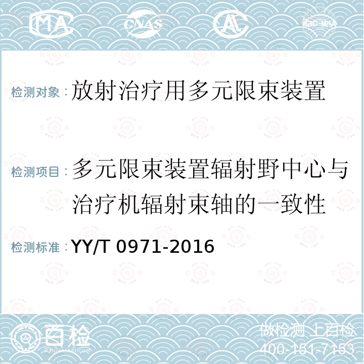 多元限束装置辐射野中心与治疗机辐射束轴的一致性 YY/T 0971-2016 放射治疗用多元限束装置 性能和试验方法