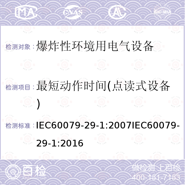 最短动作时间(点读式设备) 最短动作时间(点读式设备) IEC60079-29-1:2007IEC60079-29-1:2016