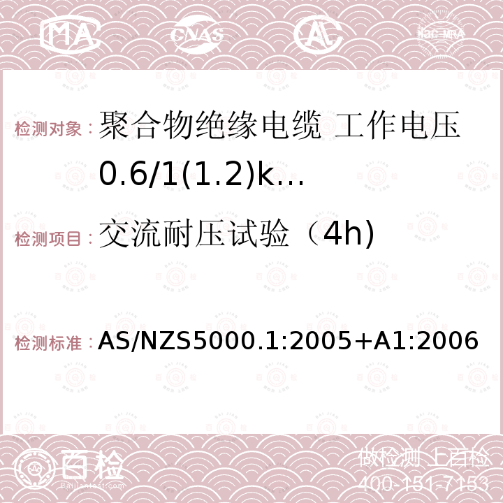 交流耐压试验（4h) AS/NZS 5000.1 交流耐压试验（4h) AS/NZS5000.1:2005+A1:2006